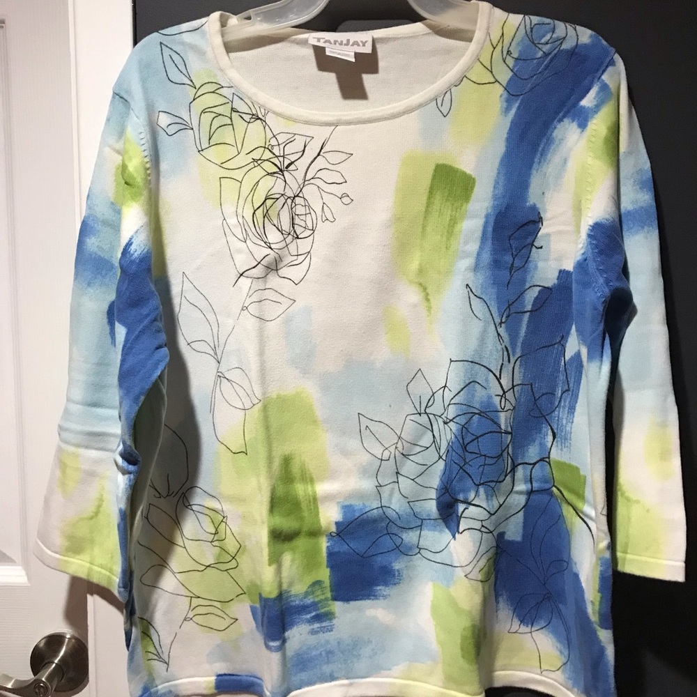 TanJay Women's Sweater - Blue, Green, White Floral Design